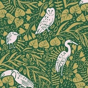 Jungle Birds Gold and Green Background 14.27"