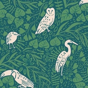 Jungle Birds Petrol Green and Blue Background 14.27"