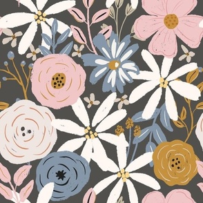 Keep Going Floral_Medium Scale_ with Pink, White, Blue Flowers and Daisies on dark ground_Medium Scale 