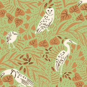 Jungle Birds Ochre and Green Background 14.27"