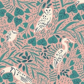 Jungle Birds Emerald and Pink Background 14.27"