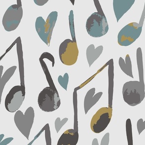 My Musical Valentine - Whimsical Multi-color Hearts and Music Notes in Dark Beige and Teal