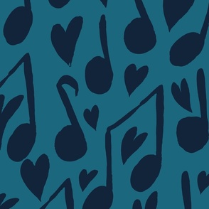 My Musical Valentine - Whimsical Hearts and Music Notes in Navy Blue and Teal