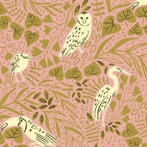 Jungle Birds Green an Light Pink Background 14.27"