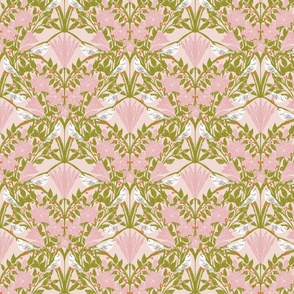 White Birds and Flowers - pink | Lily blooms with evergreen leaves and red berries | Medium Scale | Arts and Crafts Style Pattern 