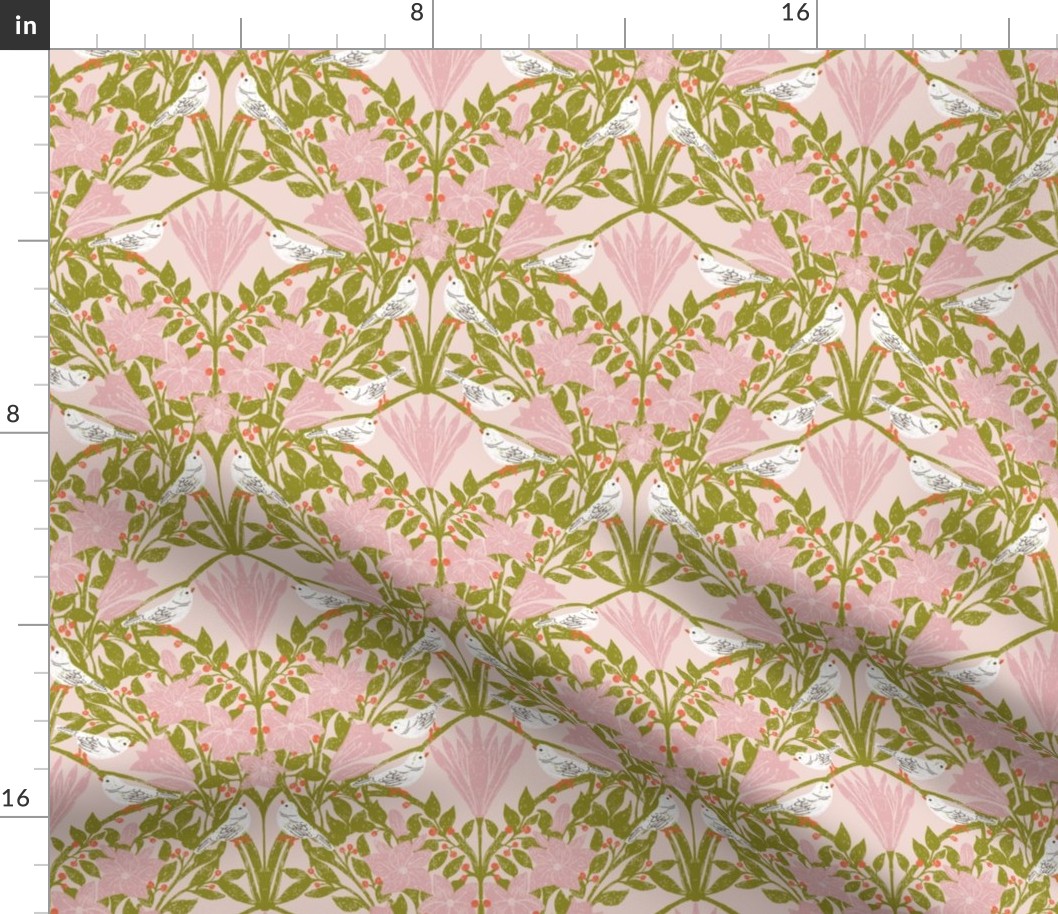 White Birds and Flowers - pink | Lily blooms with evergreen leaves and red berries | Medium Scale | Arts and Crafts Style Pattern 