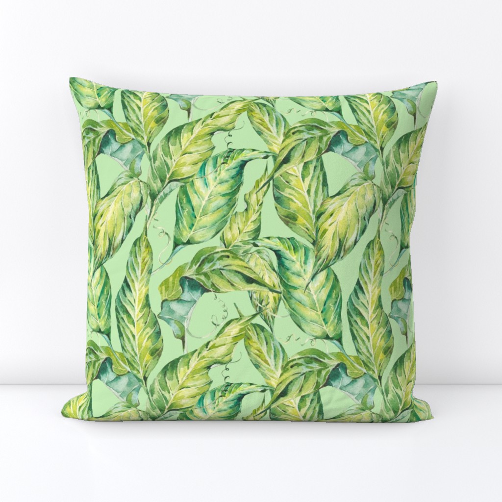 Greenery, tropical watercolor leaves on mint