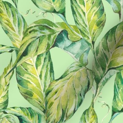 Greenery, tropical watercolor leaves on mint