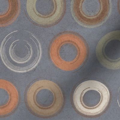 (M) Sketched Circles Geometric Earth Tones on Textured Sea Blue