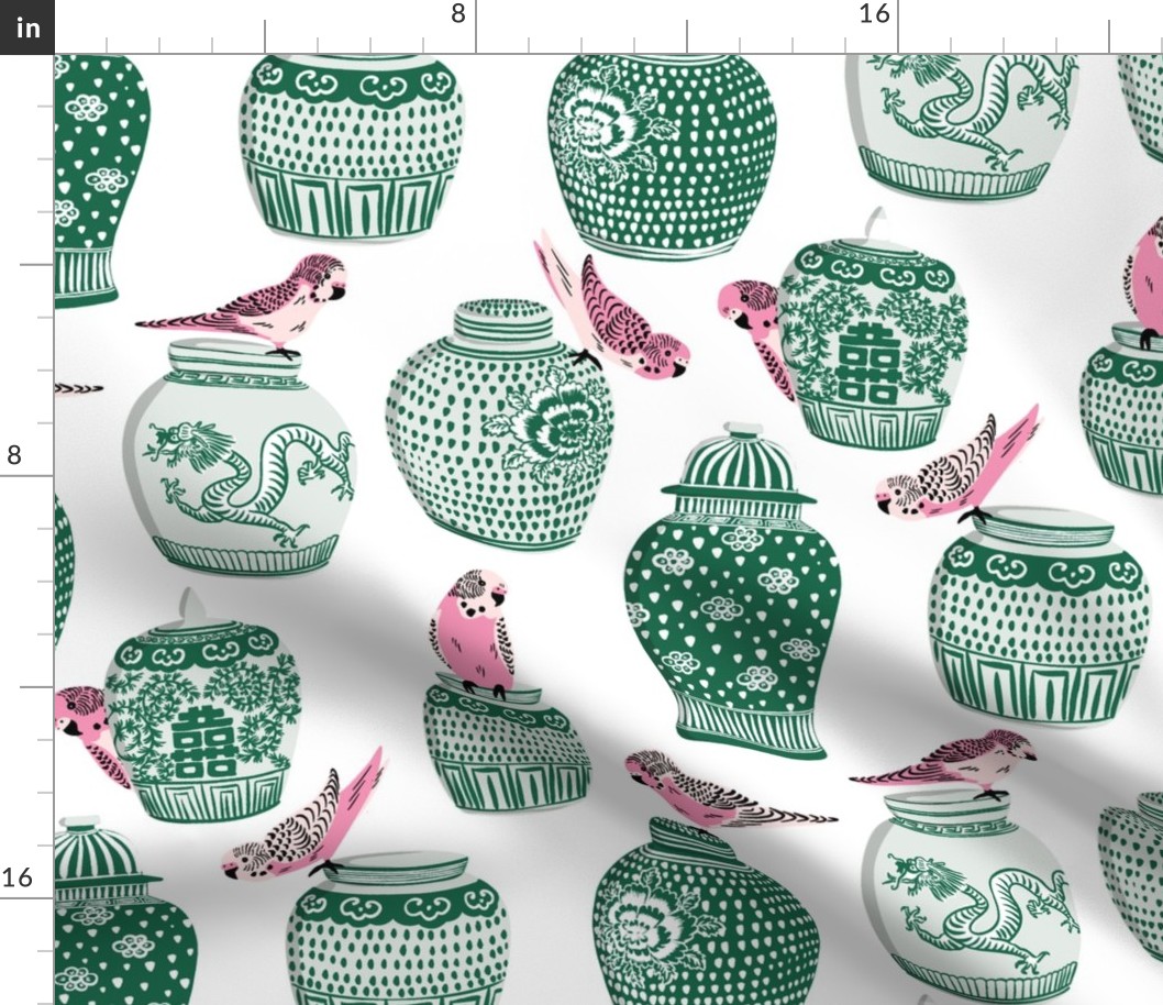 budgies and ginger jars/pink and green on pure white