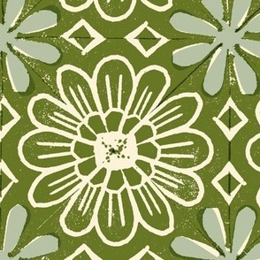 Cactus Flower (Maxi Olive & Aqua) || block print floral