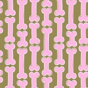 Funky horror bones - dog bone design in rows for puppies snacks and halloween pink on olive green