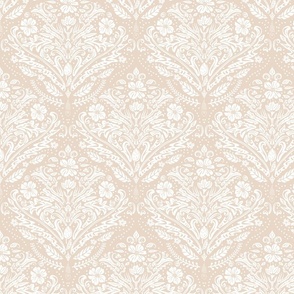 modern victorian damask, floral ornaments, white on neutral beige - medium scale