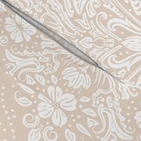 modern victorian damask, floral ornaments, white on neutral beige - large scale