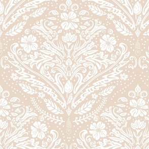 modern victorian damask, floral ornaments, white on neutral beige - large scale