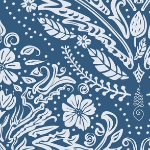 modern victorian damask, floral ornaments, off white on blue - jumbo scale