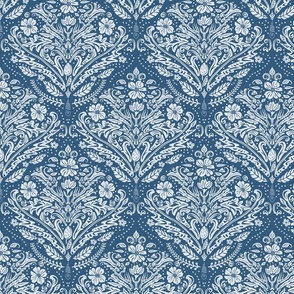 modern victorian damask, floral ornaments, off white on blue - medium scale