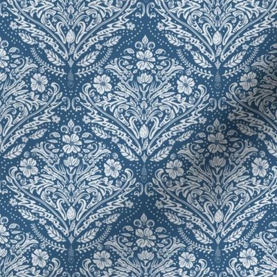 modern victorian damask, floral ornaments, off white on blue - small scale