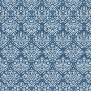 modern victorian damask, floral ornaments, off white on blue - small scale