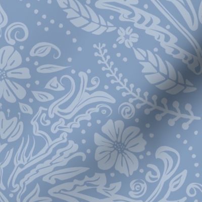 modern victorian damask, floral ornaments, light blue on baby blue - large scale