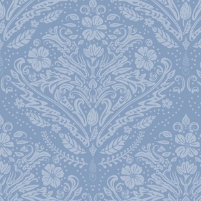 modern victorian damask, floral ornaments, light blue on baby blue - large scale