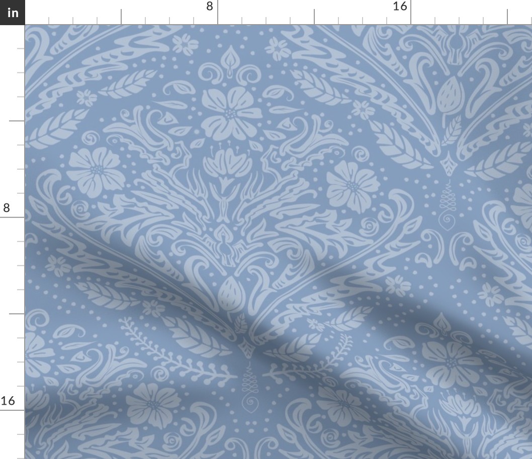 modern victorian damask, floral ornaments, light blue on baby blue - large scale