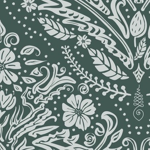 modern victorian damask, floral ornaments, off white on dark green - jumbo scale
