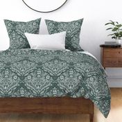 modern victorian damask, floral ornaments, off white on dark green - large scale