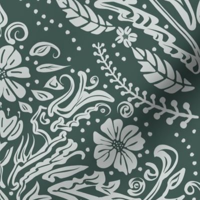 modern victorian damask, floral ornaments, off white on dark green - large scale