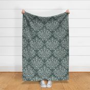 modern victorian damask, floral ornaments, off white on dark green - large scale