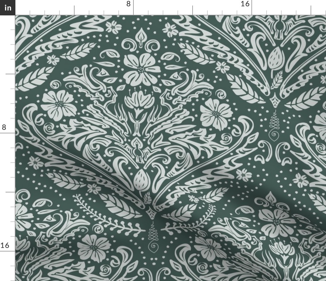 modern victorian damask, floral ornaments, off white on dark green - large scale