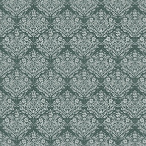 modern victorian damask, floral ornaments, off white on dark green - small scale