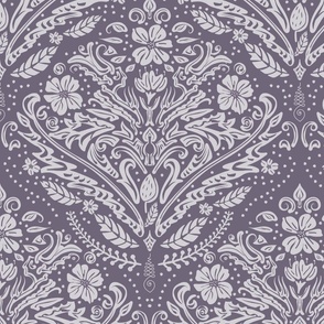 modern victorian damask, floral ornaments, light lilac on moody purple / mauve - large scale