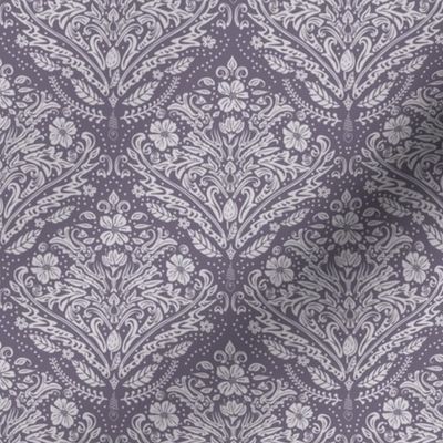 modern victorian damask, floral ornaments, light lilac on moody purple / mauve - small scale