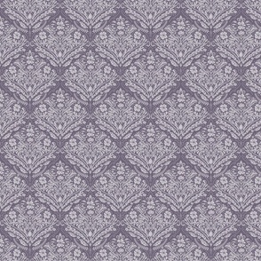 modern victorian damask, floral ornaments, light lilac on moody purple / mauve - small scale