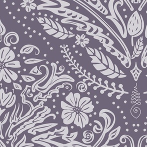 modern victorian damask, floral ornaments, light lilac on moody purple / Grappa - jumbo scale