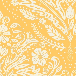 modern victorian damask, floral ornaments, off white on sunny yellow - jumbo scale