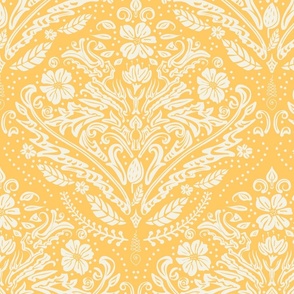 modern victorian damask, floral ornaments, off white on sunny yellow - large scale