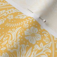modern victorian damask, floral ornaments, off white on sunny yellow - medium scale