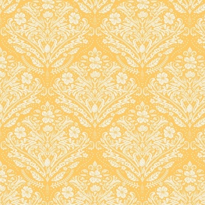 modern victorian damask, floral ornaments, off white on sunny yellow - medium scale