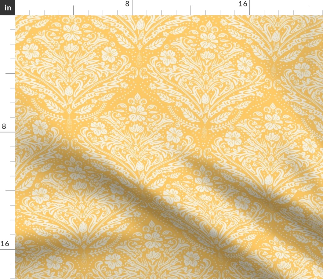 modern victorian damask, floral ornaments, off white on sunny yellow - medium scale