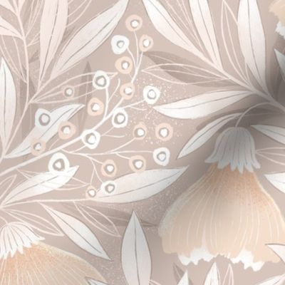 Neutral grey  floral wallpaper with pink and white flowers and white leaves, large scale