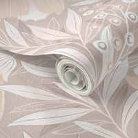 Neutral grey  floral wallpaper with pink and white flowers and white leaves, large scale