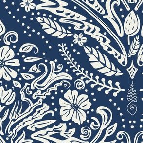 modern victorian damask, floral ornaments, off white on navy blue - jumbo scale