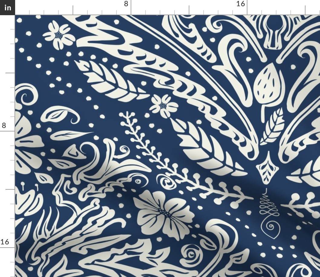 modern victorian damask, floral ornaments, off white on navy blue - jumbo scale