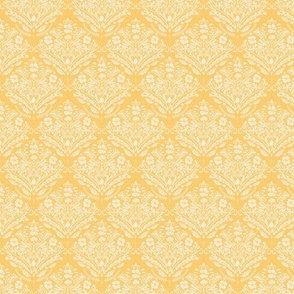 modern victorian damask, floral ornaments, off white on sunny yellow - small scale