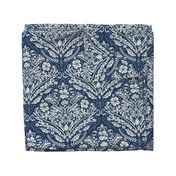 modern victorian damask, floral ornaments, off-white on navy blue - large scale