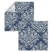 modern victorian damask, floral ornaments, off-white on navy blue - large scale