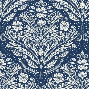 modern victorian damask, floral ornaments, off-white on navy blue - large scale