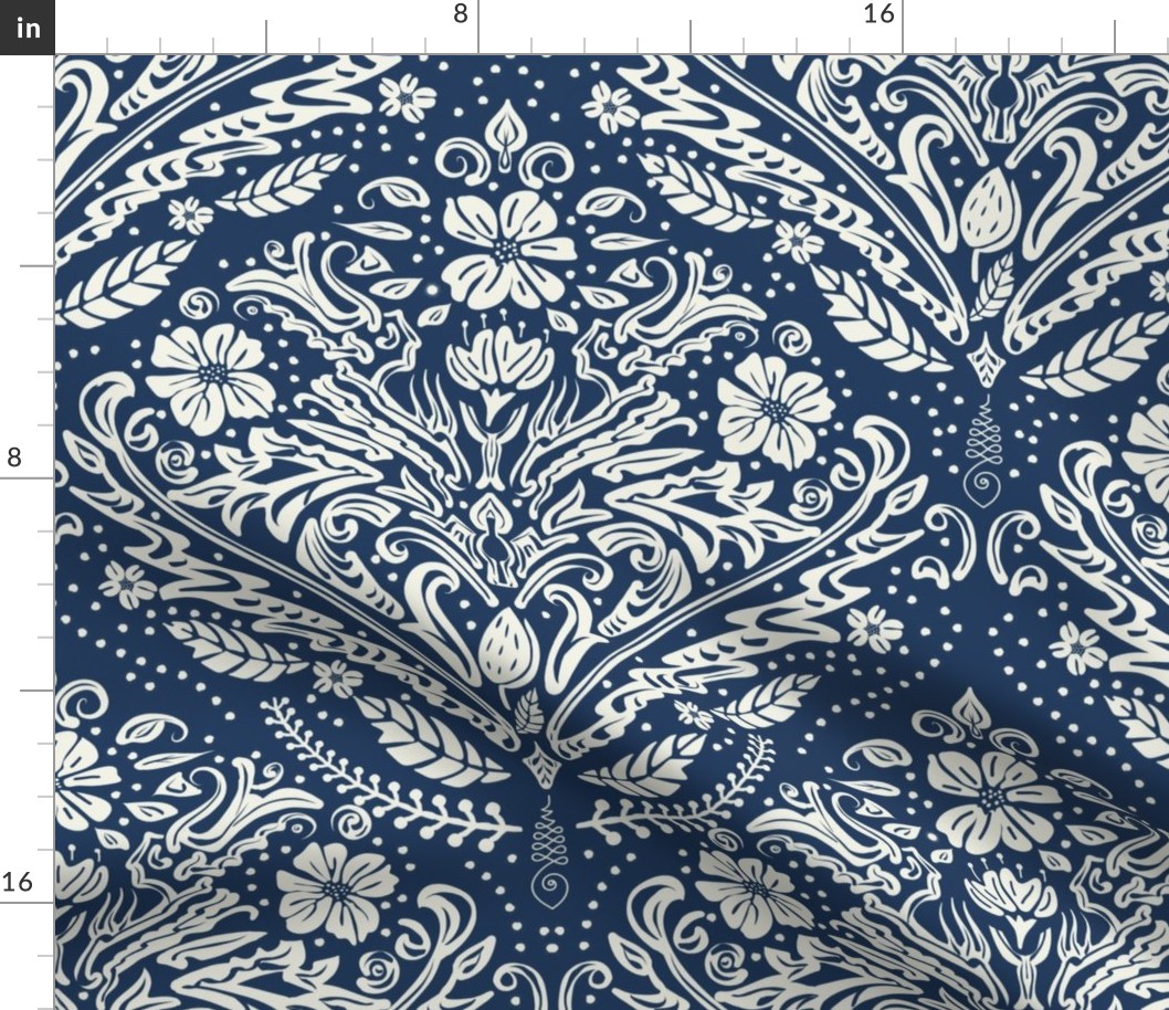 modern victorian damask, floral ornaments, off-white on navy blue - large scale